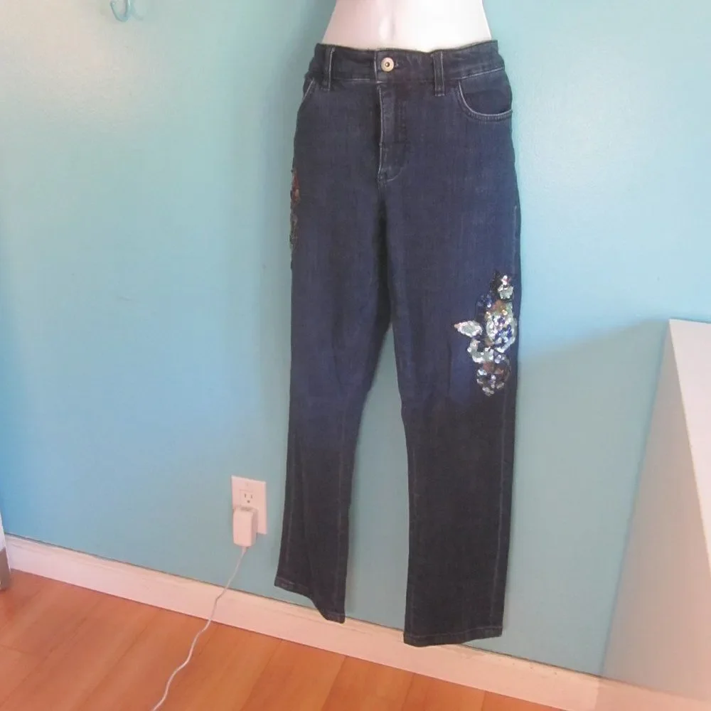 Anthropologie Pilcro Floral Sequin BOHO Slim Boyfriend Jeans Blue Denim Size 28